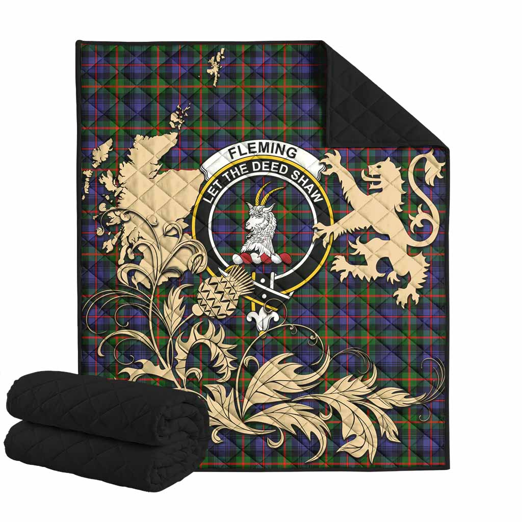 Fleming Tartan Crest Premium Quilt with Scottish Iconic Symbols 