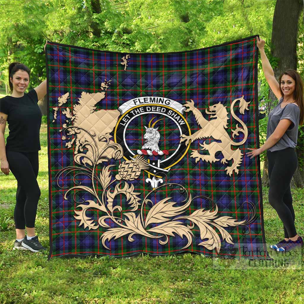 Fleming Tartan Crest Premium Quilt with Scottish Iconic Symbols 