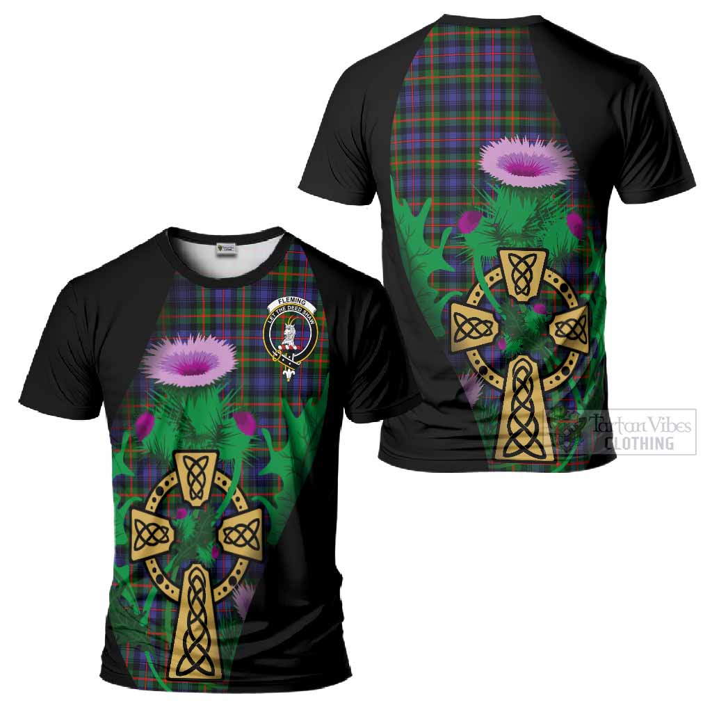 Fleming Tartan Crest T-Shirt Celtic Cross Thistle Flowers