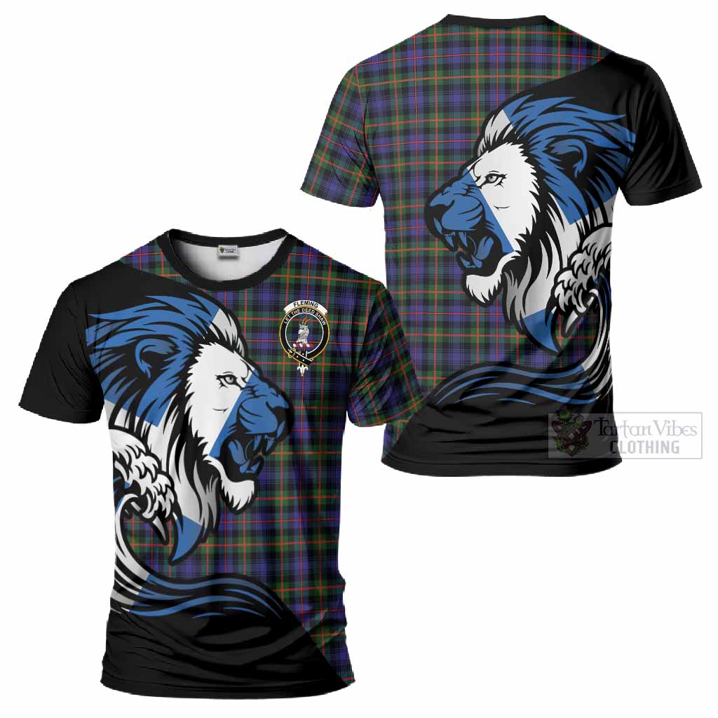 Fleming Tartan Crest T-Shirt Scottish Golden Lions Wave Flow