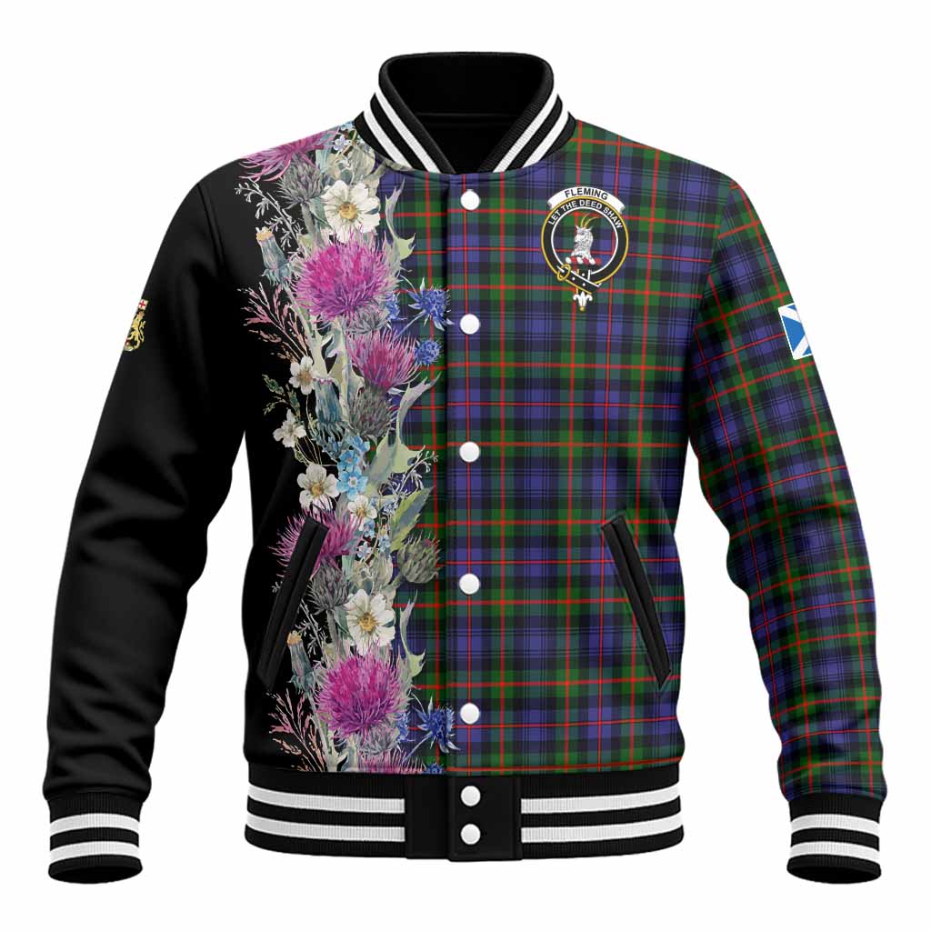 Fleming Tartan Crest Thistle Floral Baseball Jacket Unisex - Tartan Vibes Clothing