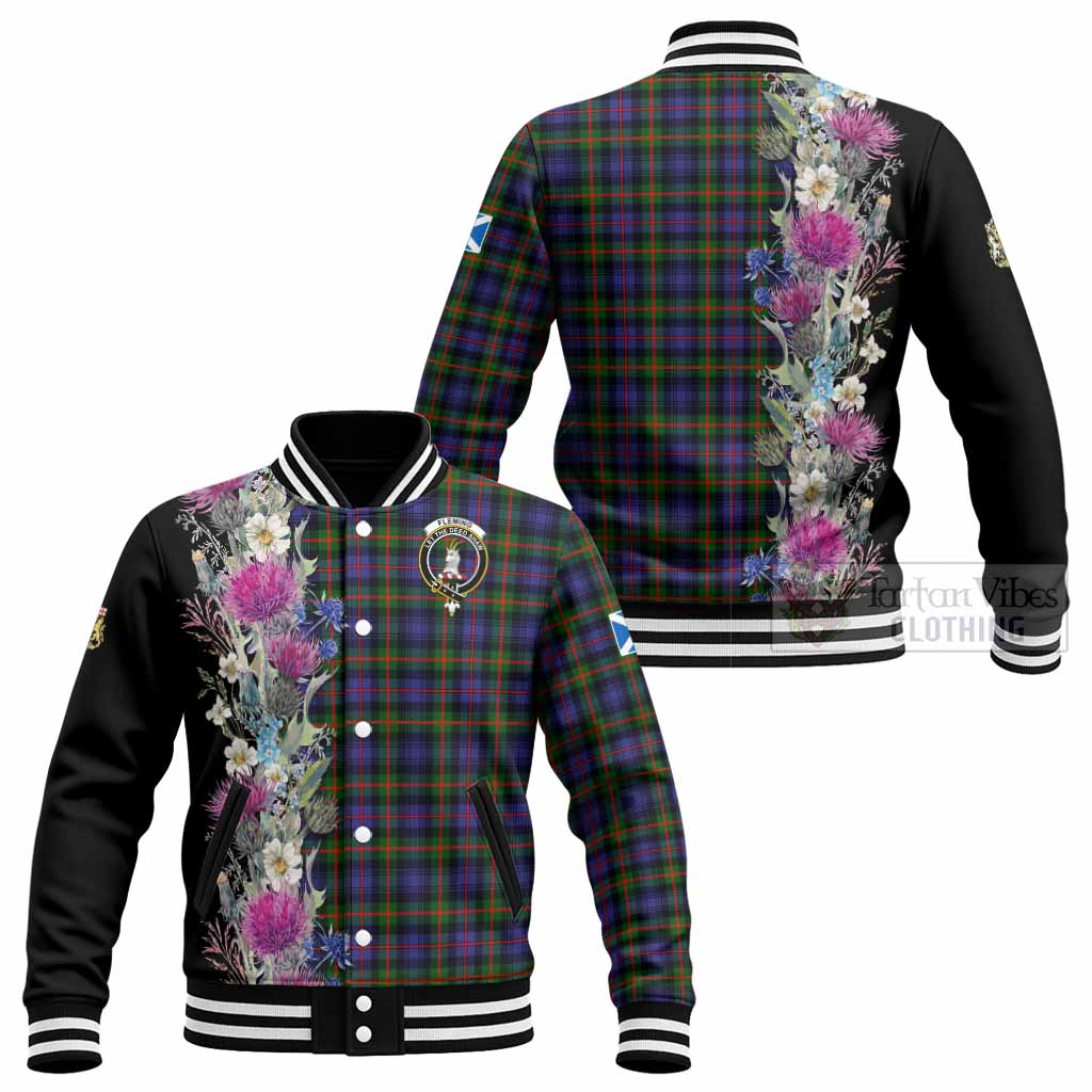 Fleming Tartan Crest Thistle Floral Baseball Jacket - Tartan Vibes Clothing