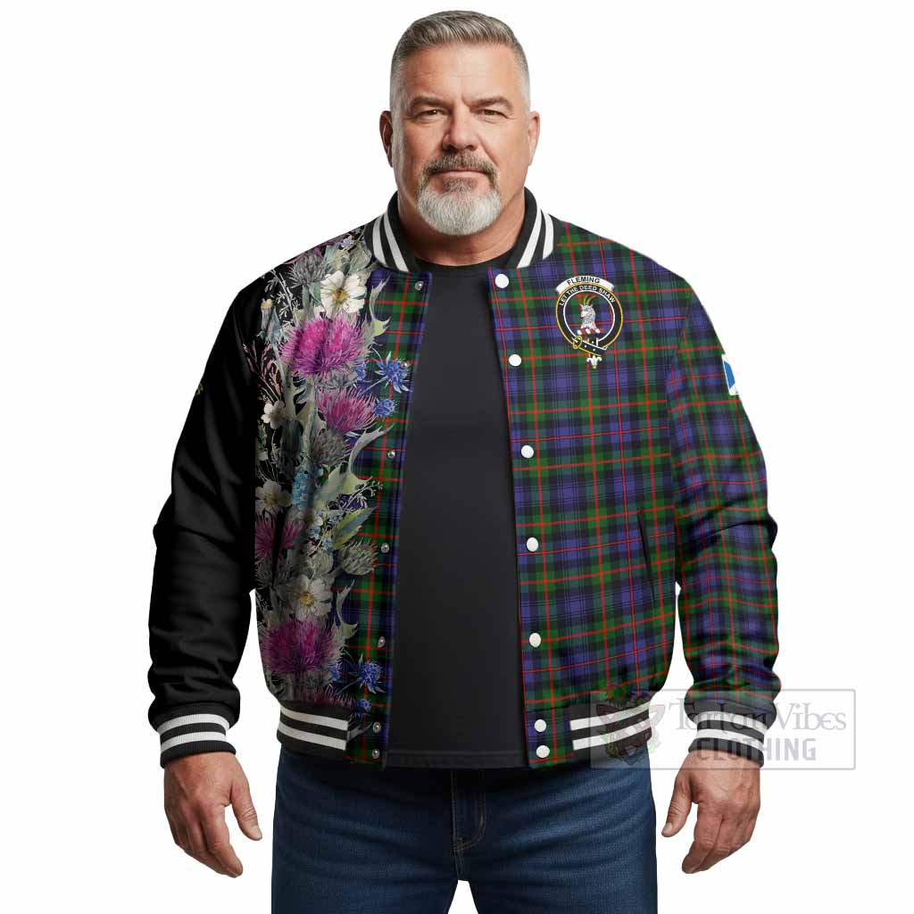 Fleming Tartan Crest Thistle Floral Baseball Jacket - Tartan Vibes Clothing