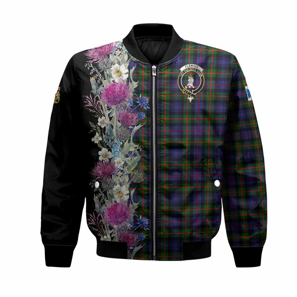 Fleming Tartan Crest Thistle Floral Bomber Jacket Unisex Black - Tartan Vibes Clothing