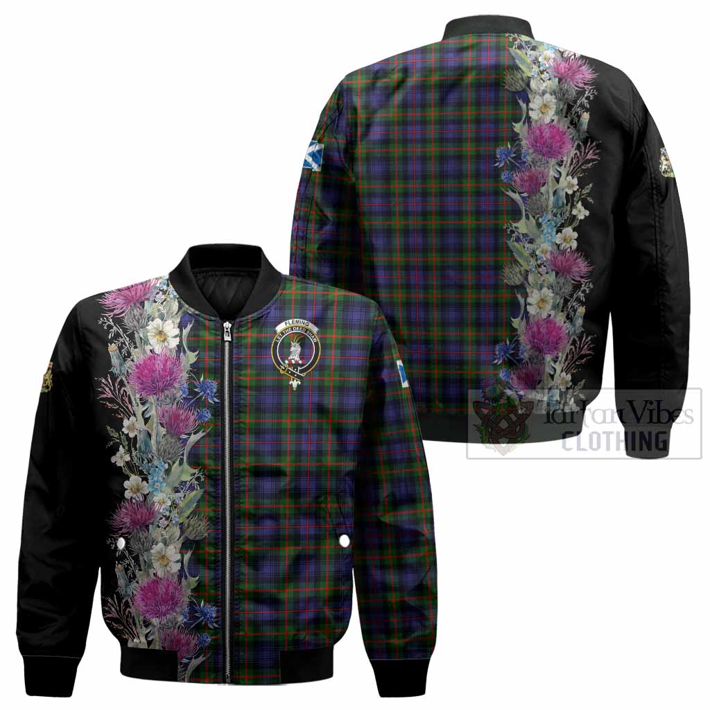Fleming Tartan Crest Thistle Floral Bomber Jacket - Tartan Vibes Clothing