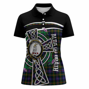 Fleming Tartan Crest Women Polo Shirt Scottish Thistle Celtic Cross Alba Gu Brath