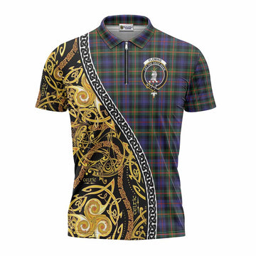 Fleming Tartan Crest Zipper Polo Shirt Celtic Knot and Triple Trickle Spiral Symbols