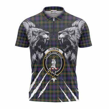 Fleming Tartan Crest Zipper Polo Shirt Ferocious Lion Style