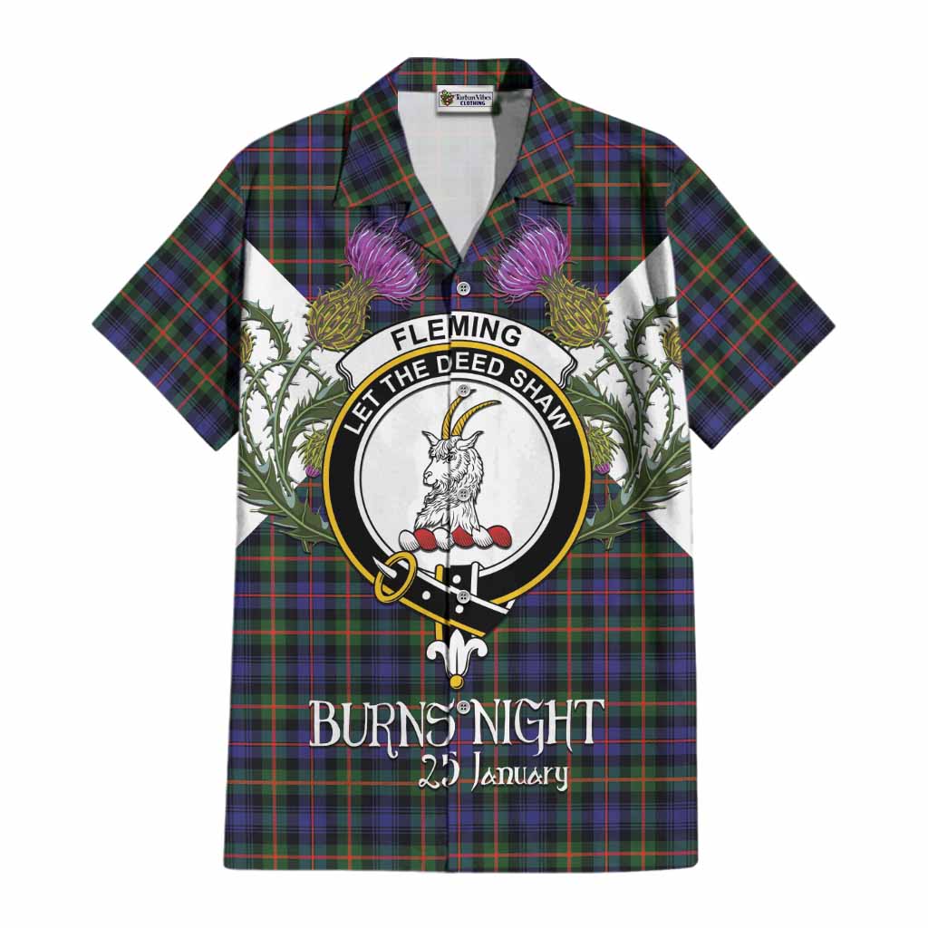 Fleming Tartan Family Crest Cotton Hawaiian Shirt Scottish Burns Night Thistle Floral