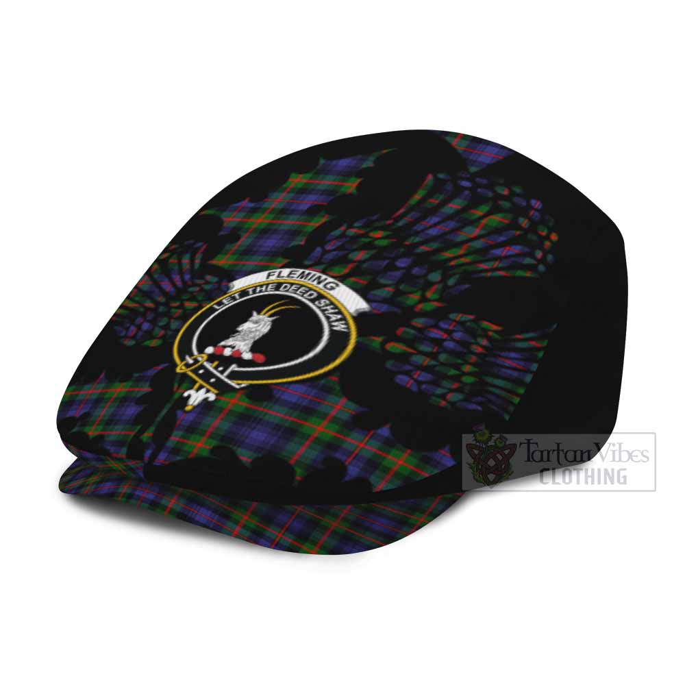 Fleming Tartan Family Crest Flat Cap, Jeff Cap Scotland Thistle Floral