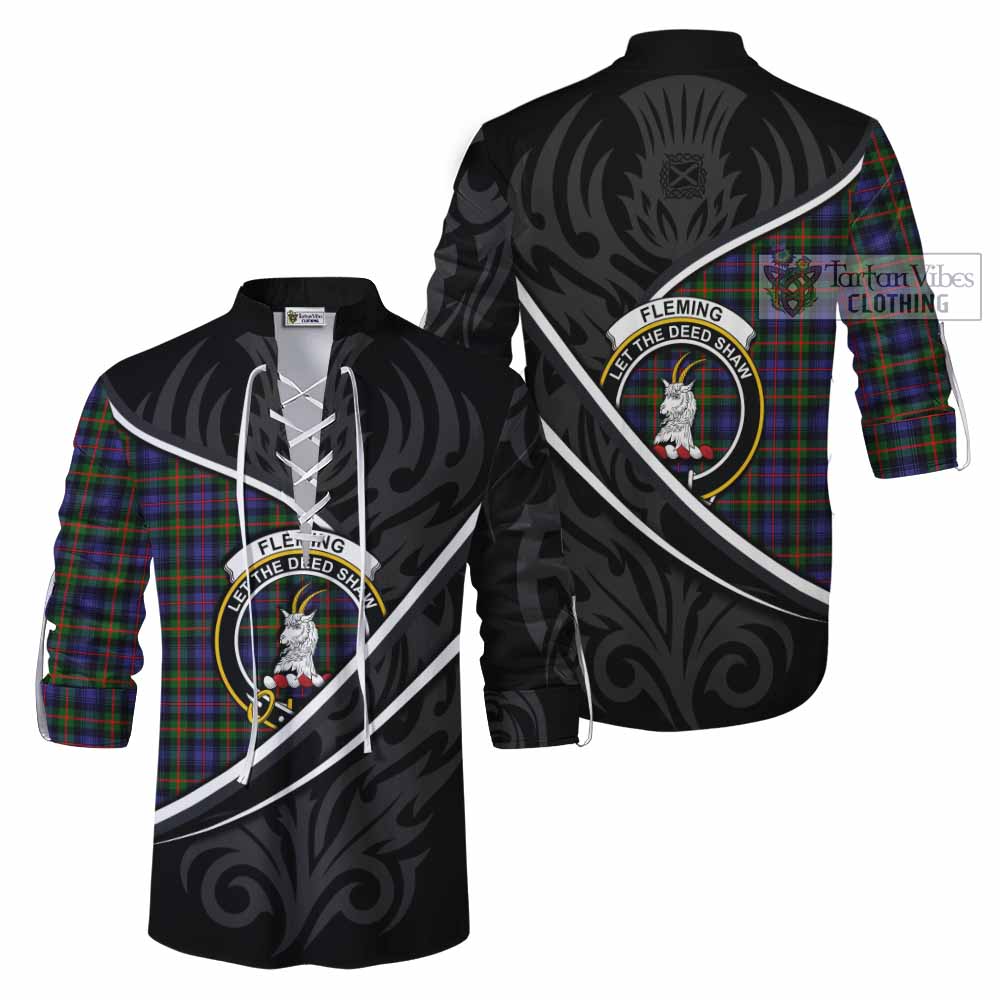Fleming Tartan Family Crest Ghillie Kilt Shirt Celtic Scottish Thistle Floral - Tartan Vibes Clothing