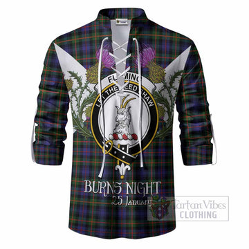 Fleming Tartan Family Crest Ghillie Shirt Scottish Burns Night Thistle Floral
