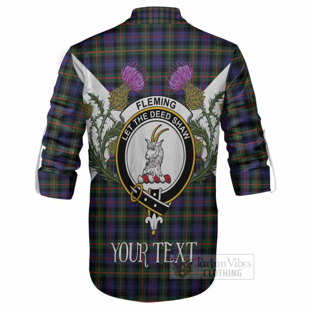 Fleming Tartan Family Crest Ghillie Shirt Scottish Burns Night Thistle Floral