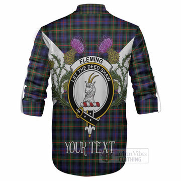 Fleming Tartan Family Crest Ghillie Shirt Scottish Burns Night Thistle Floral