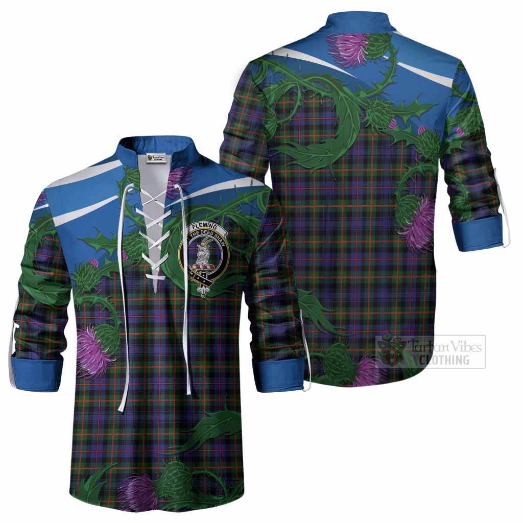 Fleming Tartan Family Crest Ghillie Shirt Thistle in Minimalism