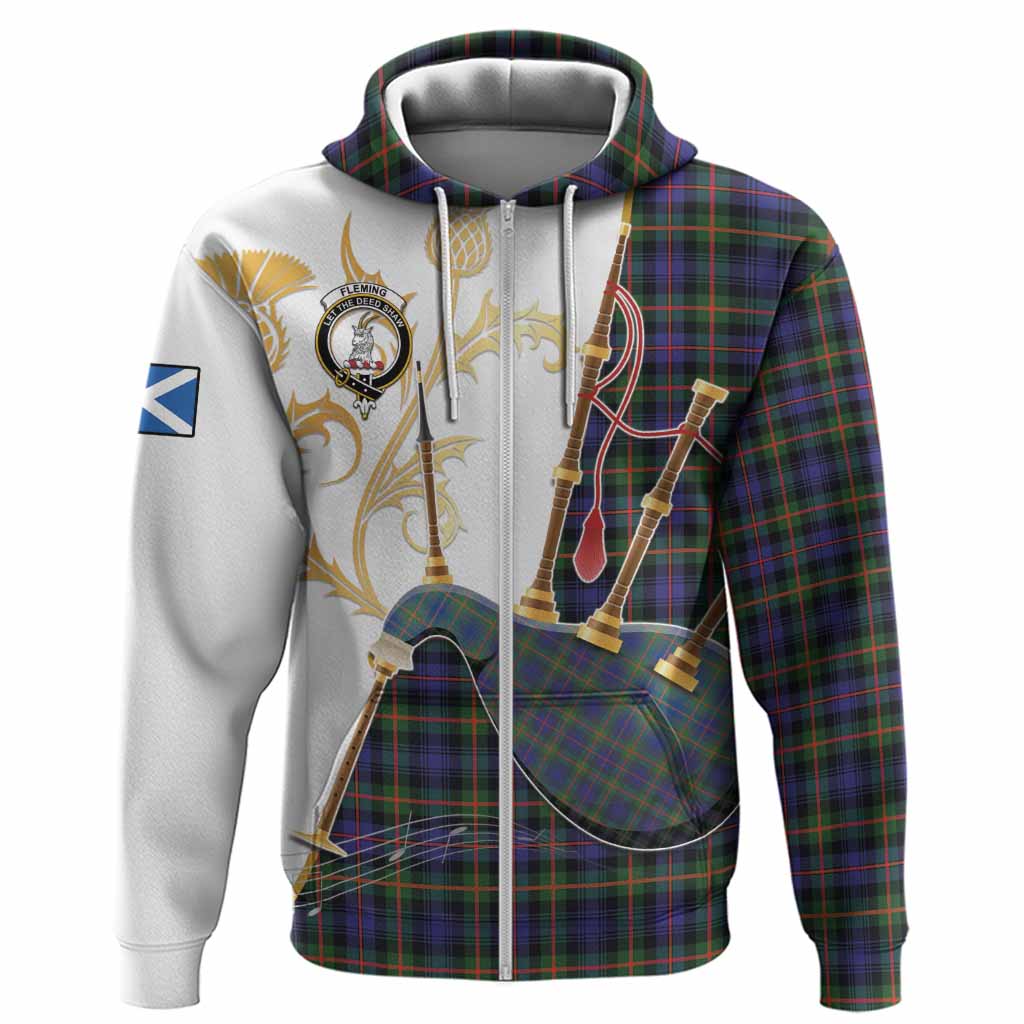 Fleming Tartan Family Crest Hoodie Bagpipes with Scottish Thistle