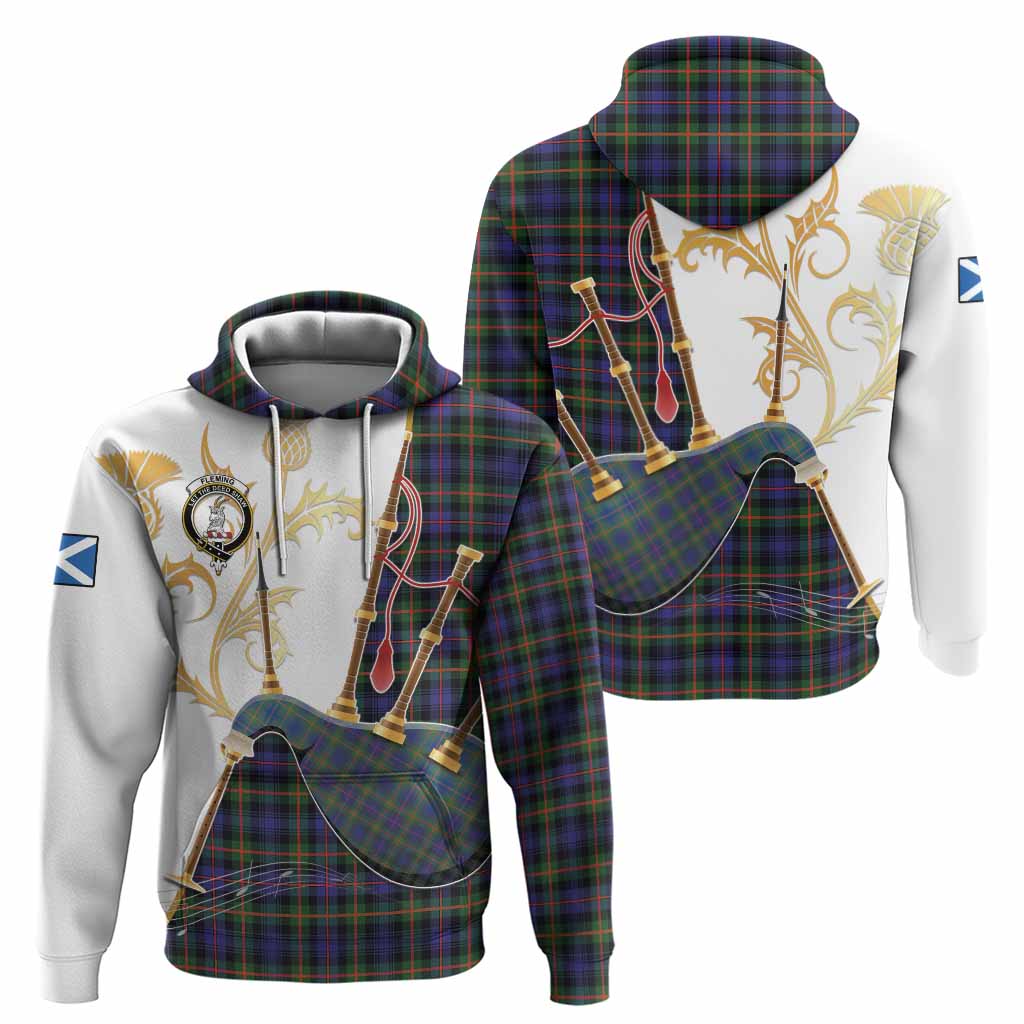 Fleming Tartan Family Crest Hoodie Bagpipes with Scottish Thistle