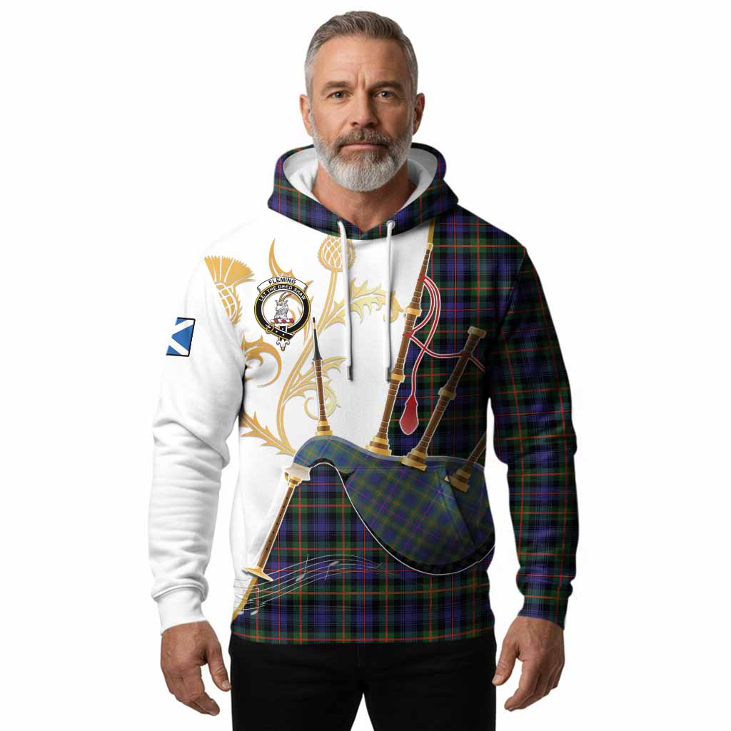 Fleming Tartan Family Crest Hoodie Bagpipes with Scottish Thistle