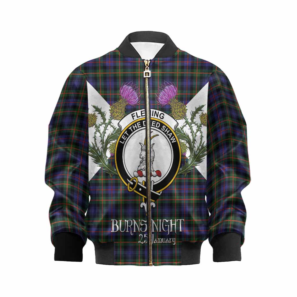 Fleming Tartan Family Crest Kid Bomber Jacket Scottish Burns Night Thistle Floral