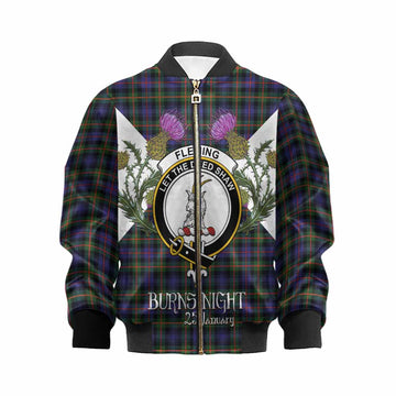 Fleming Tartan Family Crest Kid Bomber Jacket Scottish Burns Night Thistle Floral