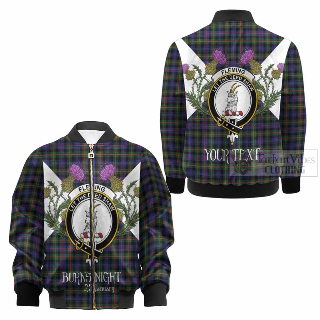 Fleming Tartan Family Crest Kid Bomber Jacket Scottish Burns Night Thistle Floral
