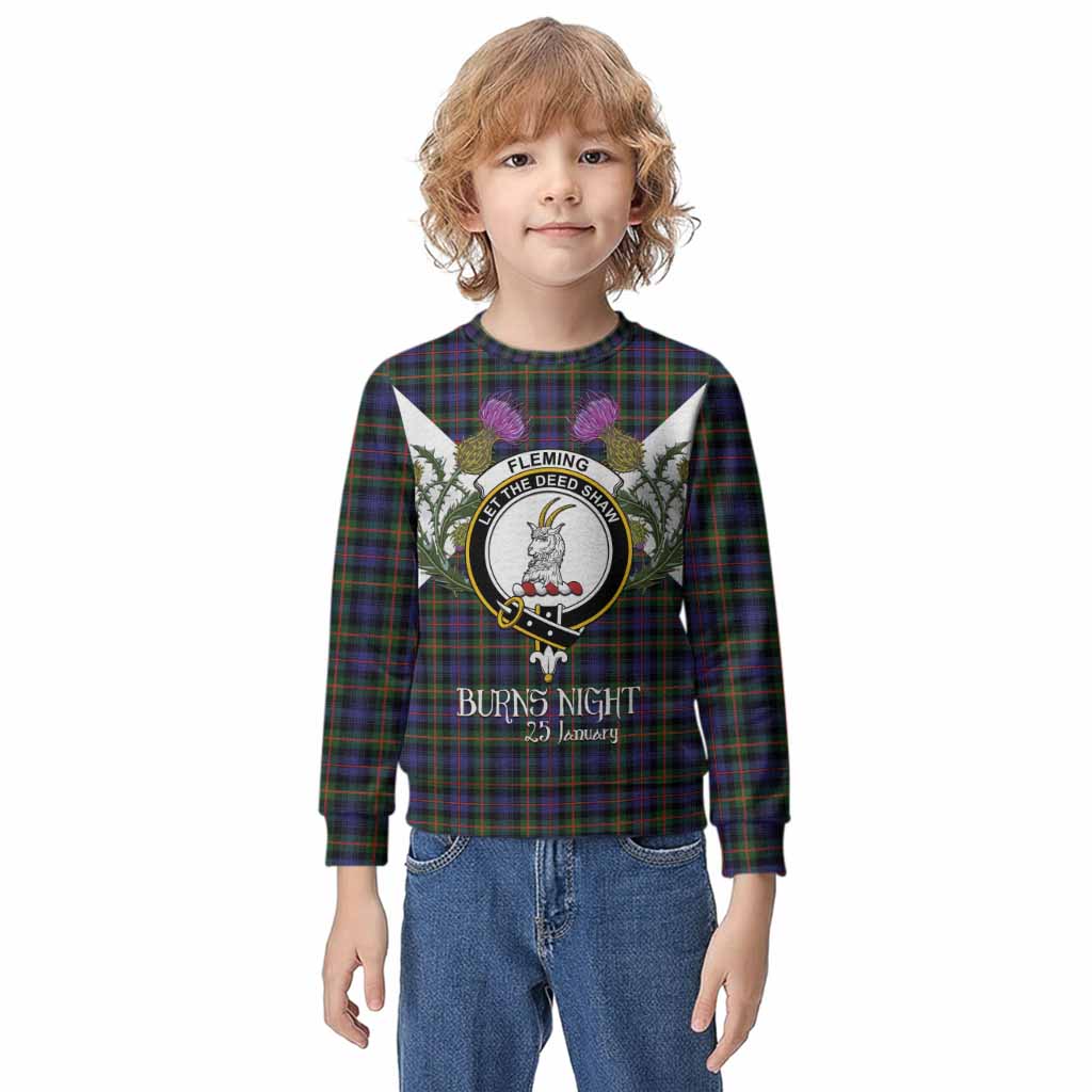 Fleming Tartan Family Crest Kid Knitted Sweatshirt Scottish Burns Night Thistle Floral
