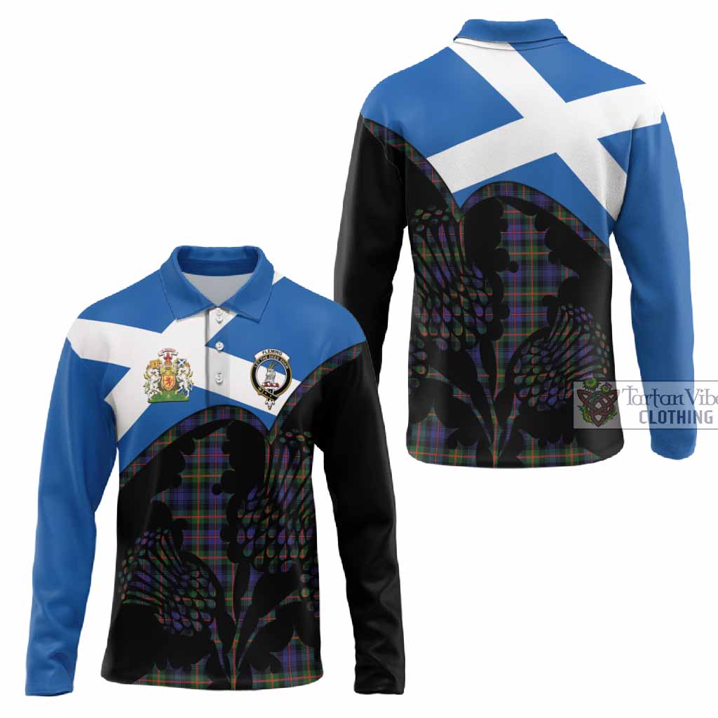 Fleming Tartan Family Crest Long Sleeve Polo Shirt Scotland Thistle Floral Flag Style