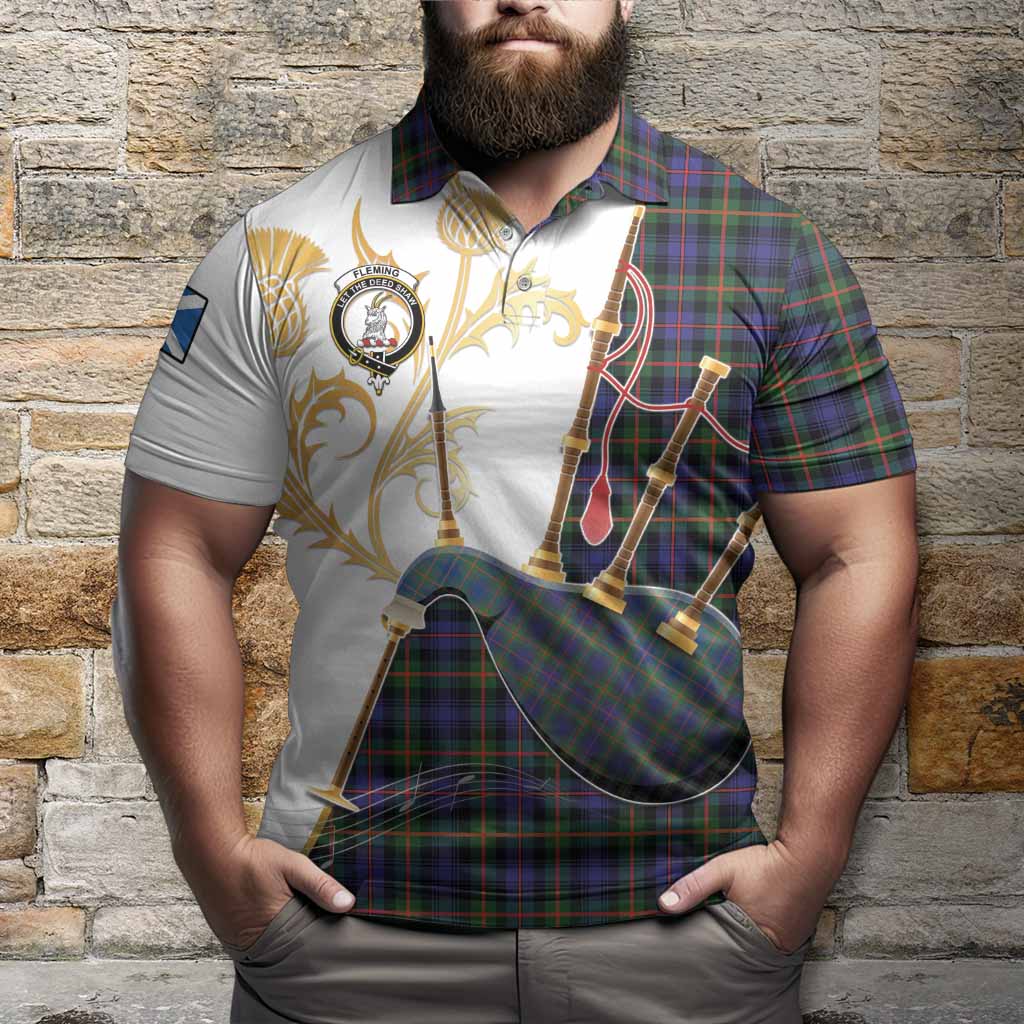 Fleming Tartan Family Crest Polo Shirt Bagpipes with Scottish Thistle