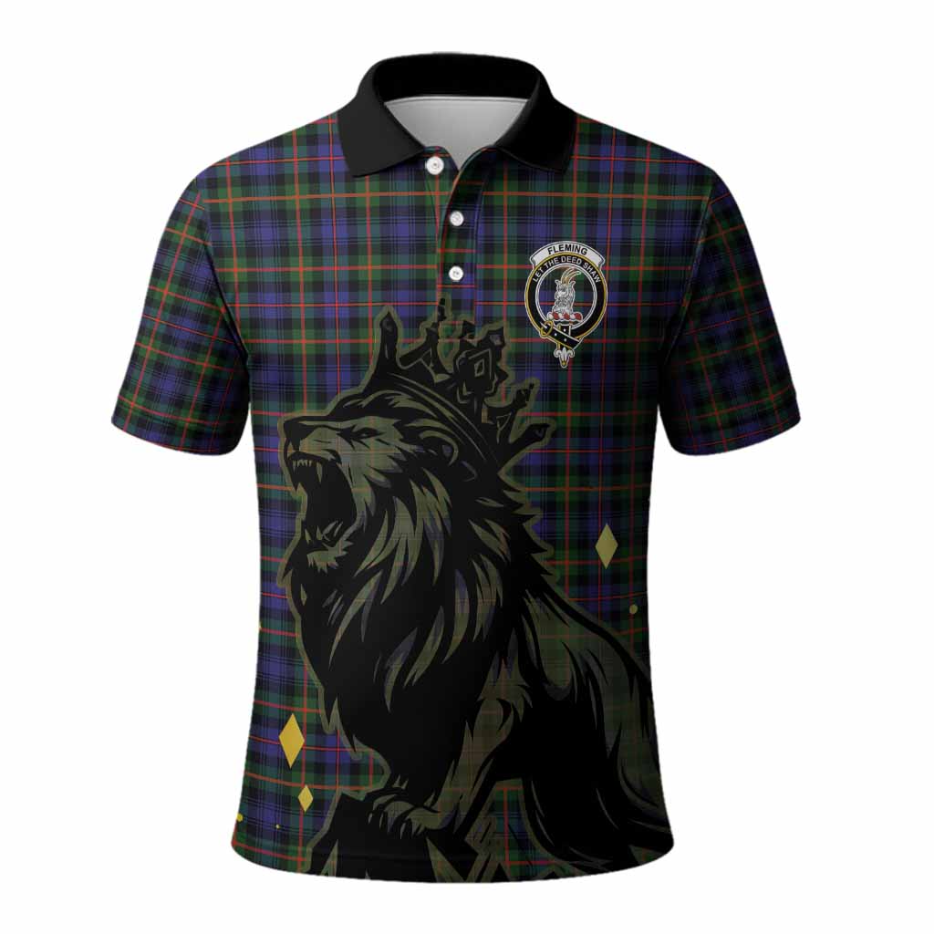 Fleming Tartan Family Crest Polo Shirt Crowned Lion Roaring