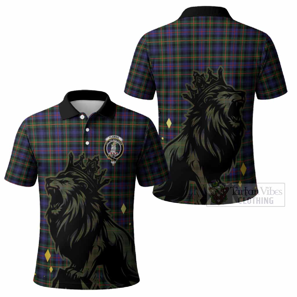 Fleming Tartan Family Crest Polo Shirt Crowned Lion Roaring