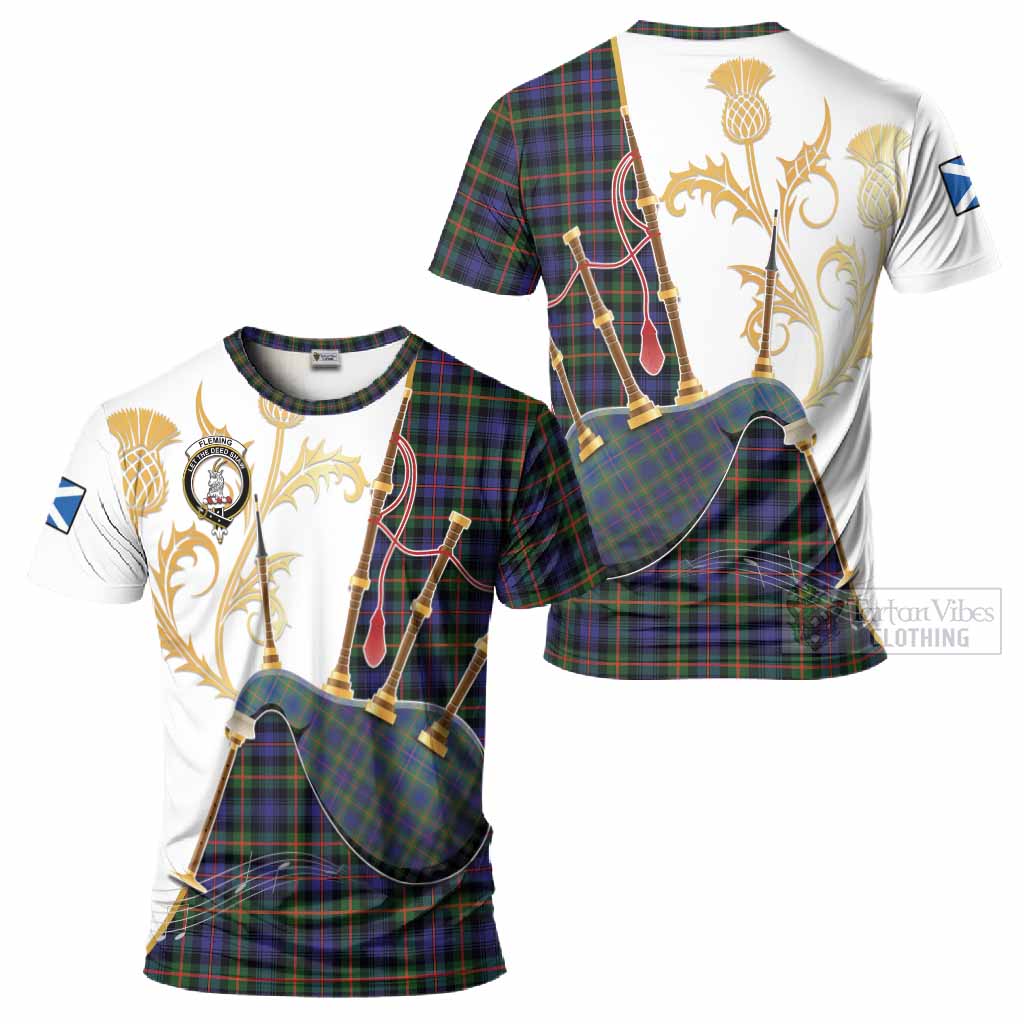 Fleming Tartan Family Crest T-Shirt Bagpipes with Scottish Thistle