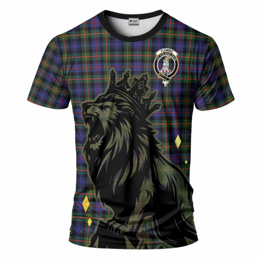 Fleming Tartan Family Crest T-Shirt Crowned Lion Roaring