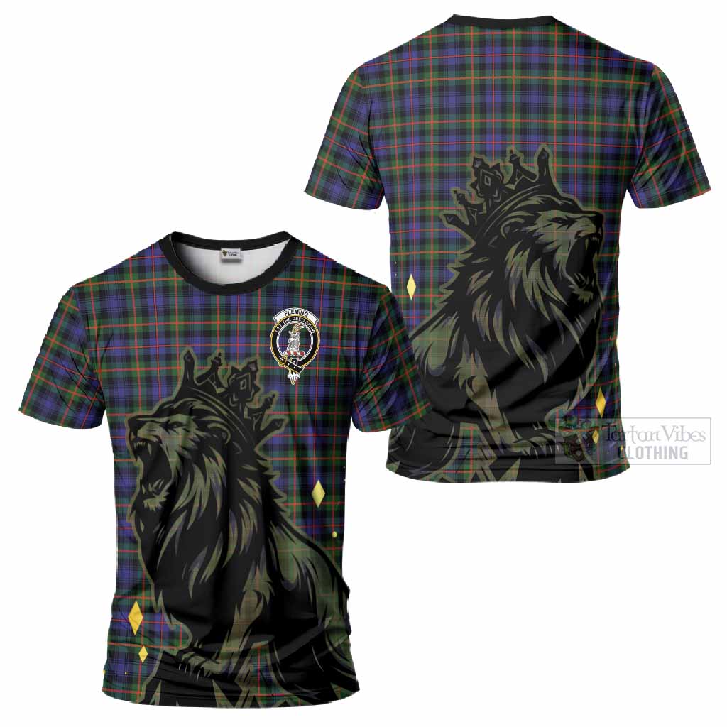 Fleming Tartan Family Crest T-Shirt Crowned Lion Roaring