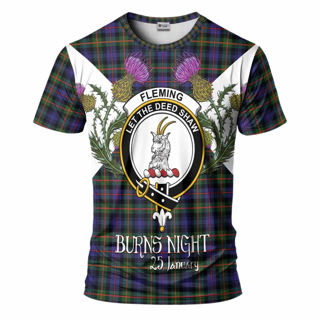 Fleming Tartan Family Crest T-Shirt Scottish Burns Night Thistle Floral