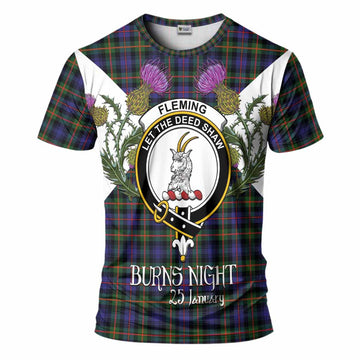 Fleming Tartan Family Crest T-Shirt Scottish Burns Night Thistle Floral