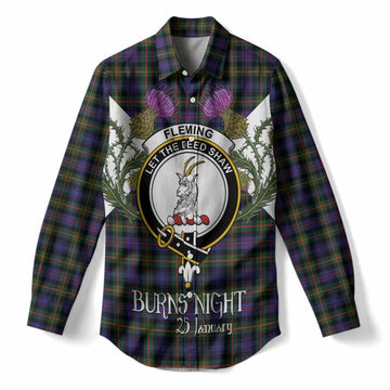 Fleming Tartan Family Crest Women Casual Shirt Scottish Burns Night Thistle Floral