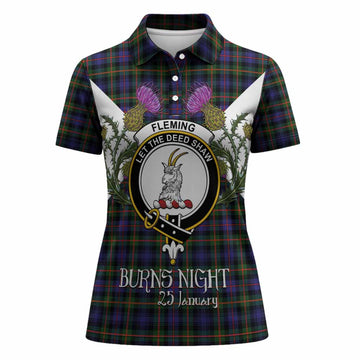 Fleming Tartan Family Crest Women Polo Shirt Scottish Burns Night Thistle Floral