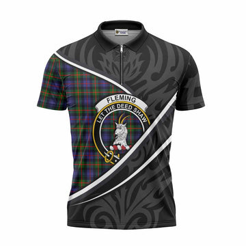 Fleming Tartan Family Crest Zipper Polo Shirt Celtic Scottish Thistle Floral