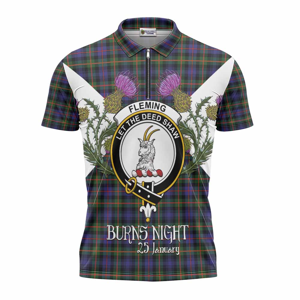 Fleming Tartan Family Crest Zipper Polo Shirt Scottish Burns Night Thistle Floral