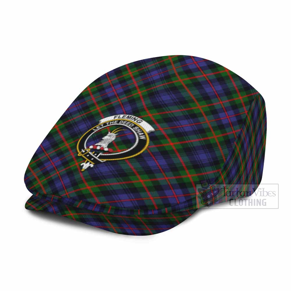 Fleming Tartan Flat Cap, Jeff Cap Cross Style with Family Crest - Tartan Vibes Clothing