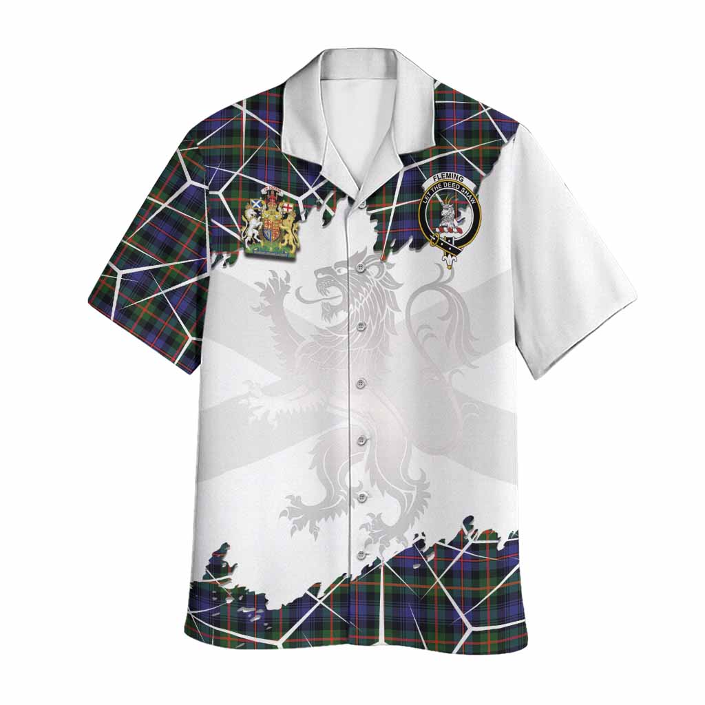 Fleming Tartan Hawaiian Shirt with Family Crest and Lion Rampant Grunge Style