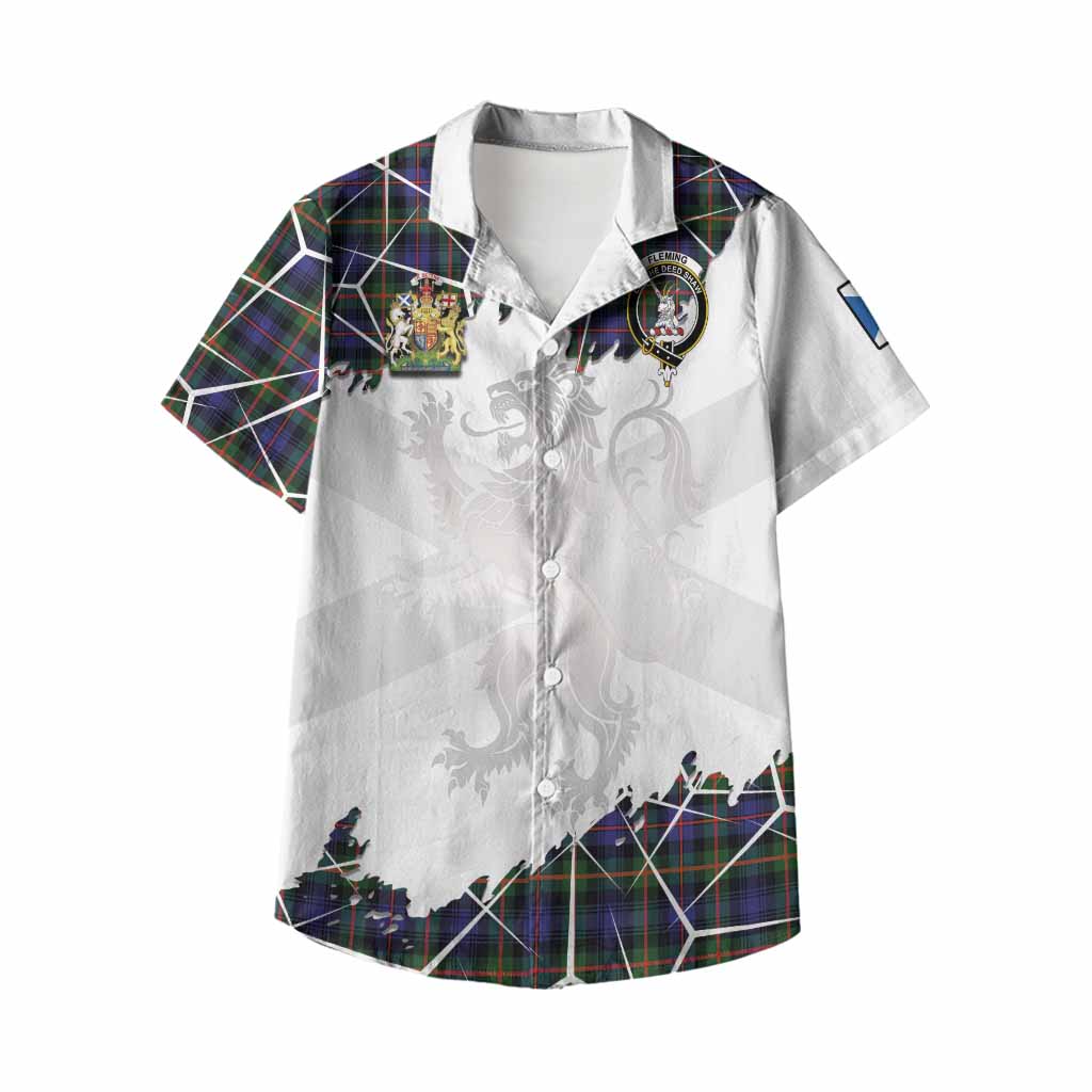 Fleming Tartan Kid Hawaiian Shirt with Family Crest and Lion Rampant Grunge Style
