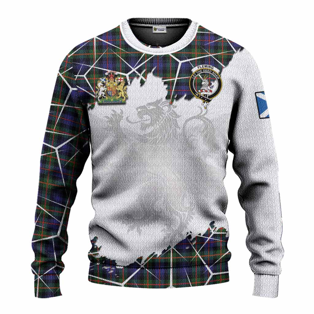 Fleming Tartan Knitted Sweater with Family Crest and Lion Rampant Grunge Style