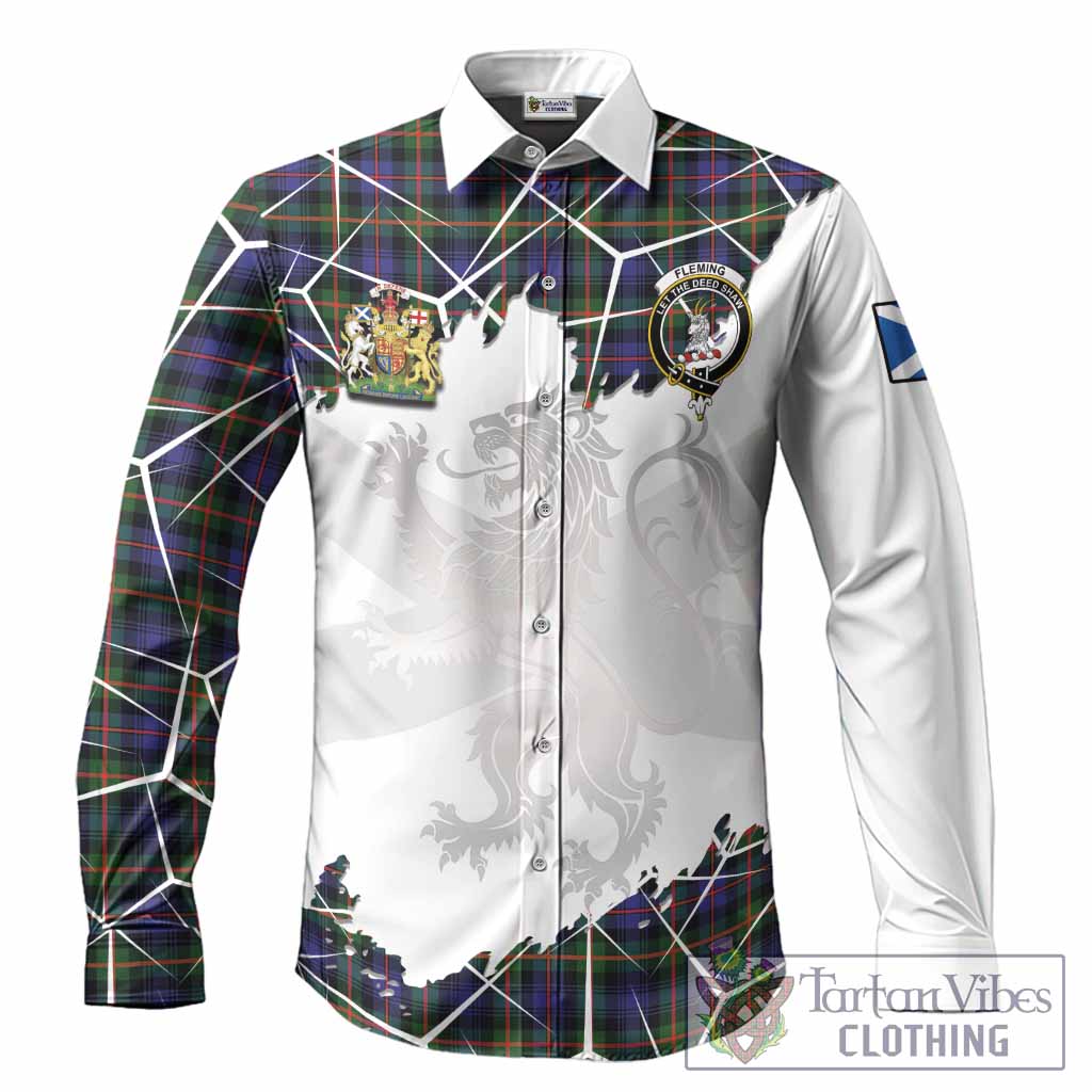 Fleming Tartan Long Sleeve Button Shirts with Family Crest and Lion Rampant Grunge Style