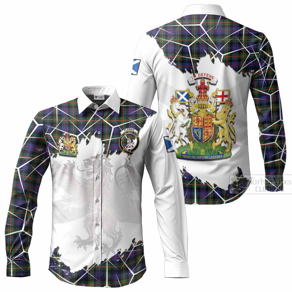 Fleming Tartan Long Sleeve Button Shirts with Family Crest and Lion Rampant Grunge Style