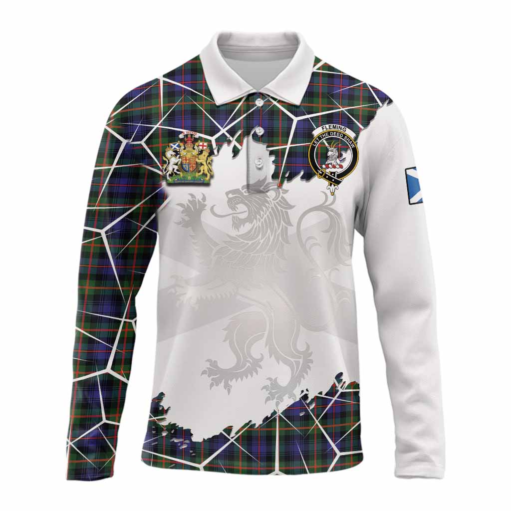 Fleming Tartan Long Sleeve Polo Shirt with Family Crest and Lion Rampant Grunge Style