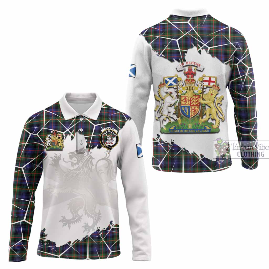 Fleming Tartan Long Sleeve Polo Shirt with Family Crest and Lion Rampant Grunge Style
