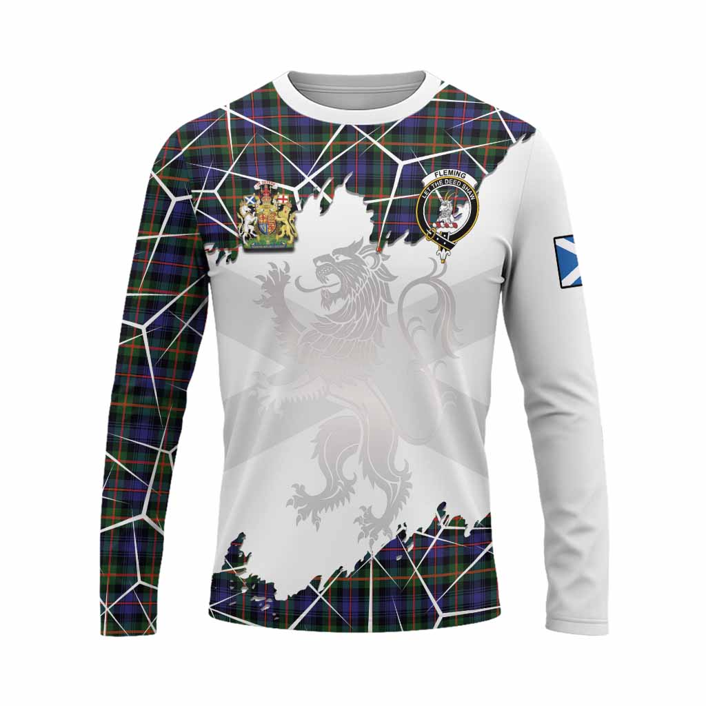 Fleming Tartan Long Sleeve T-Shirt with Family Crest and Lion Rampant Grunge Style