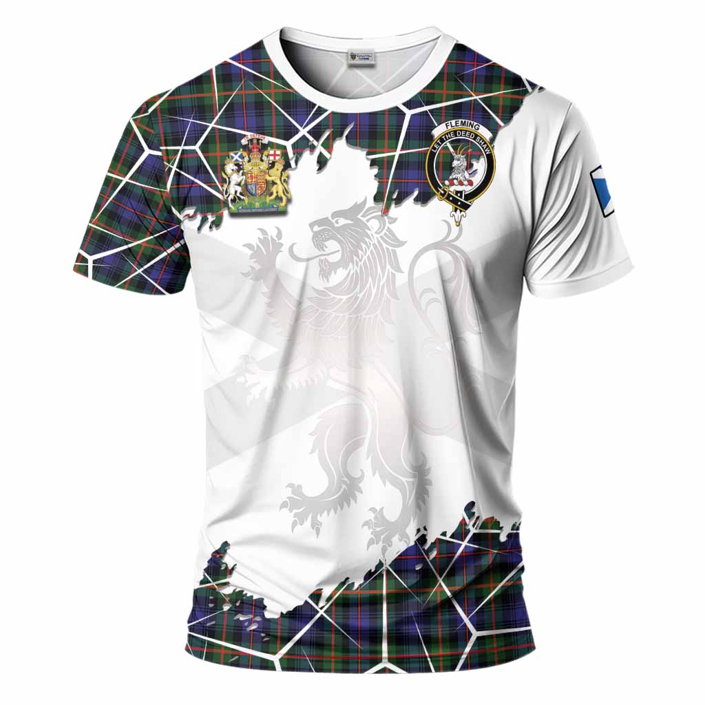 Fleming Tartan T-Shirt with Family Crest and Lion Rampant Grunge Style