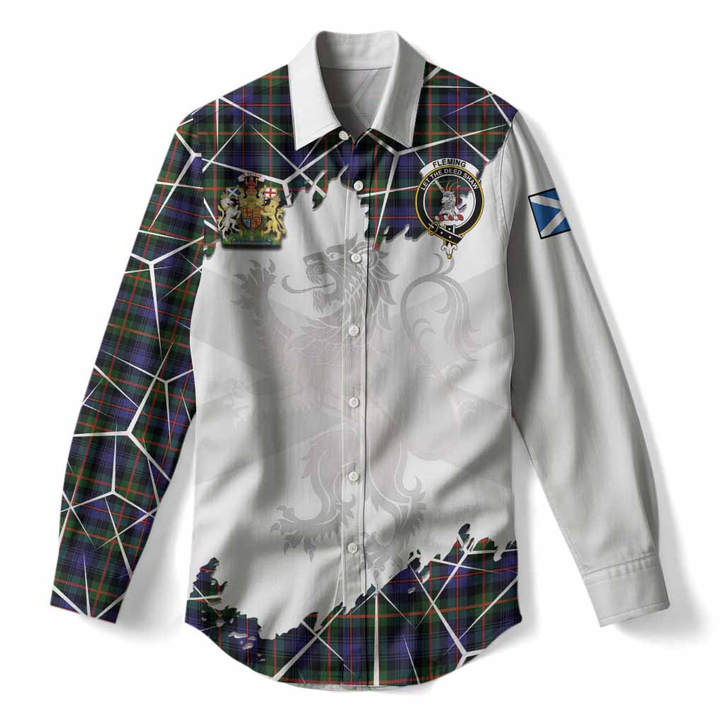 Fleming Tartan Women Casual Shirt with Family Crest and Lion Rampant Grunge Style
